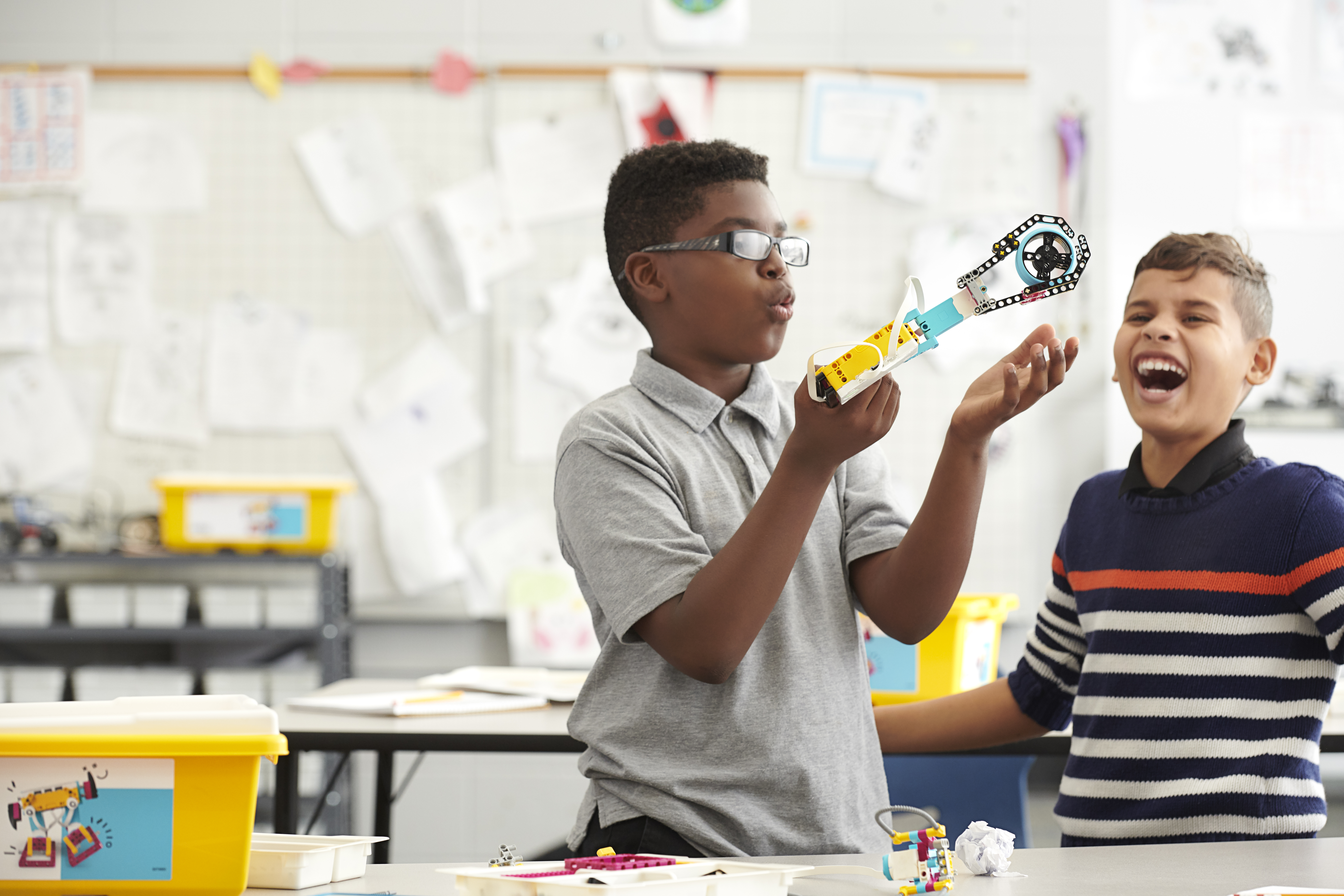 Two students developing problem-solving and critical thinking skills with LEGO® Education SPIKE™ Prime.